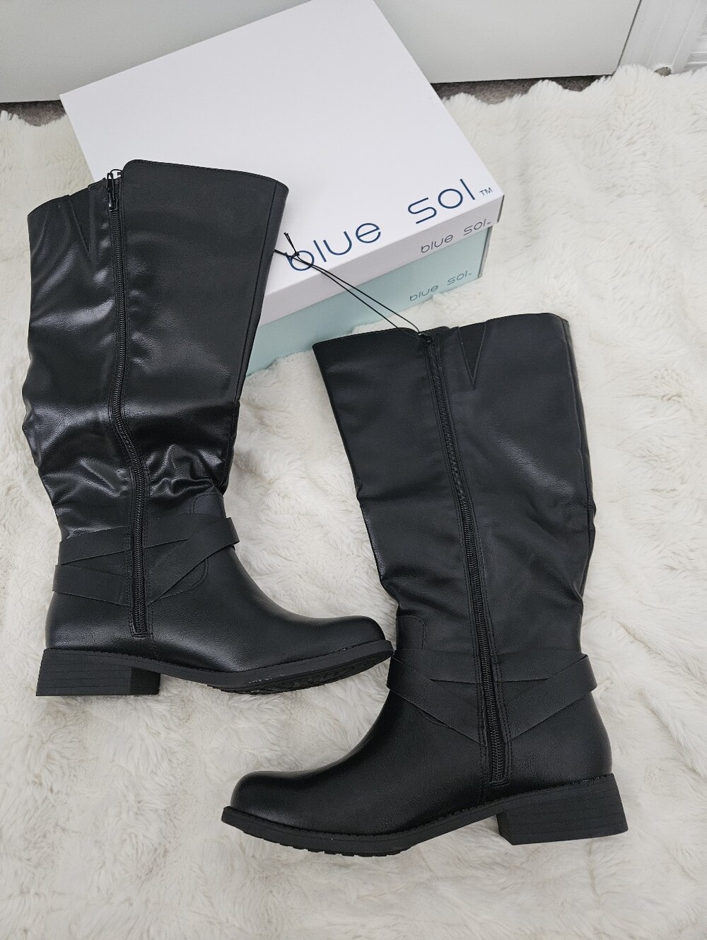 New In Box Blue Sol Jamie Wide Calf Black Knee High Riding Boots Womens Sz 7